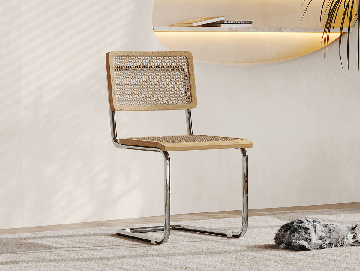 浮光系列YX514 白蜡木+藤编+不锈钢 火星岩木纹 餐椅