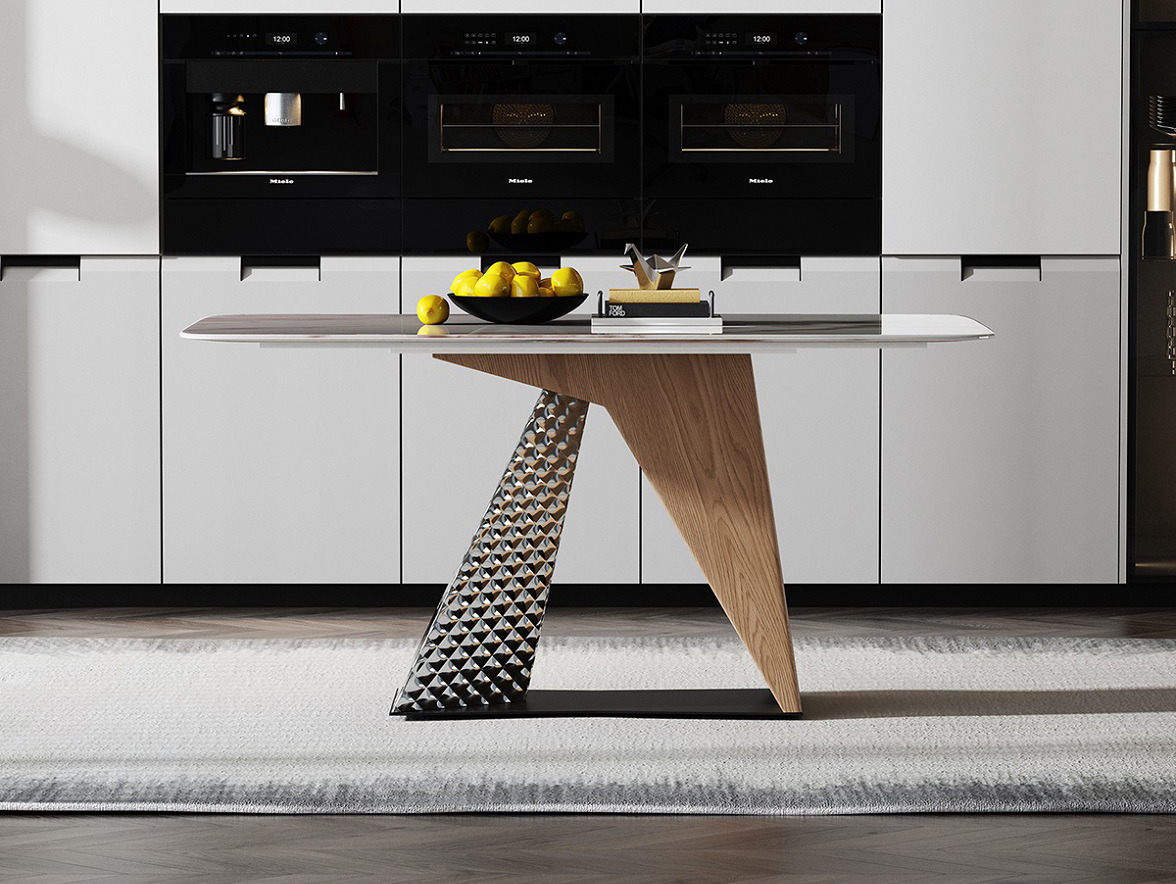 格尼雅系列ZD207 实木+原色不锈钢/夹板底架+中纤板底板+雪山白岩板 1.8米餐桌