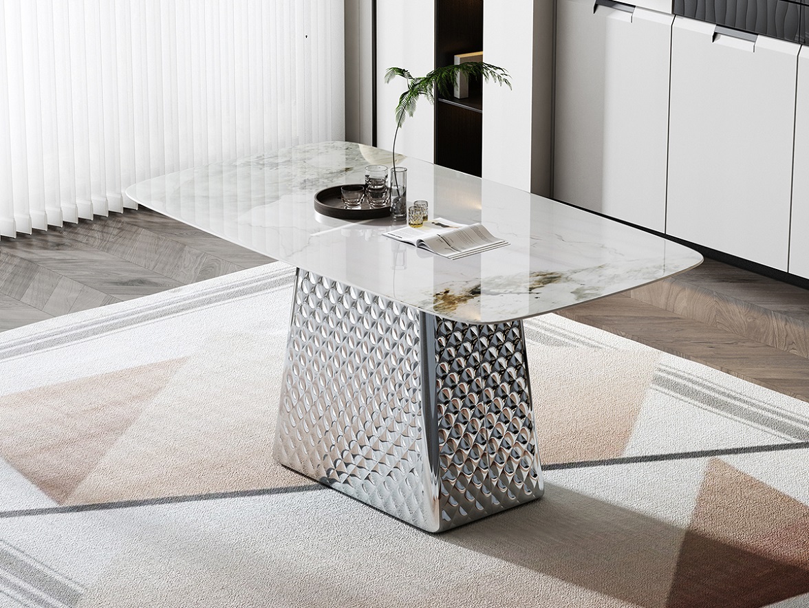 格尼雅系列ZD210 原色不锈钢+中纤板底板+水晶白微晶石 1.6米餐桌