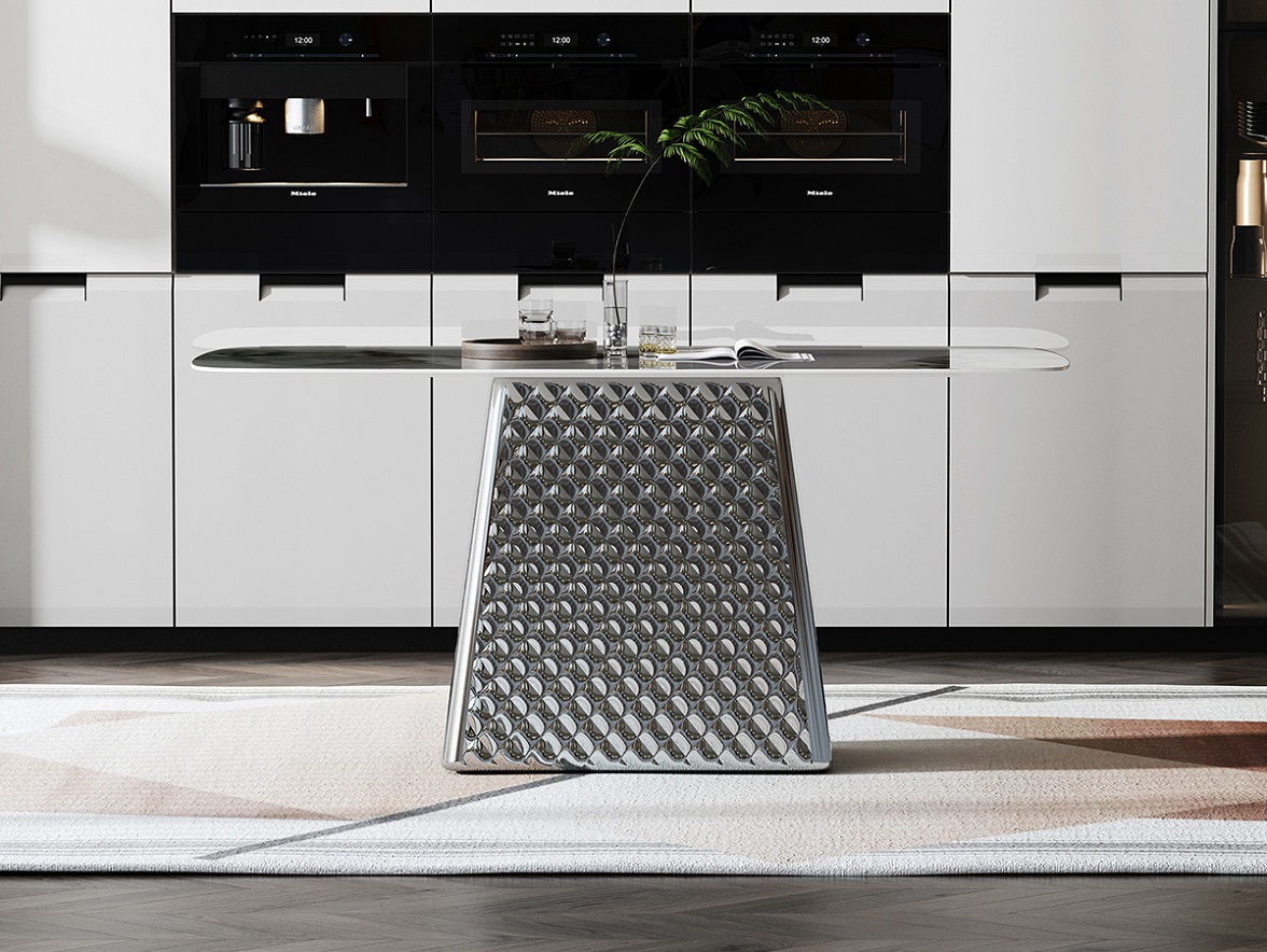 格尼雅系列ZD210 原色不锈钢+中纤板底板+水晶白微晶石 1.8米餐桌