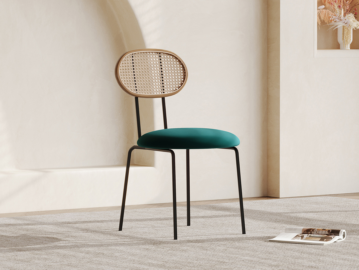 浮光系列YX510 碳素钢+编藤+白蜡木 绒布0426- 系列 餐椅