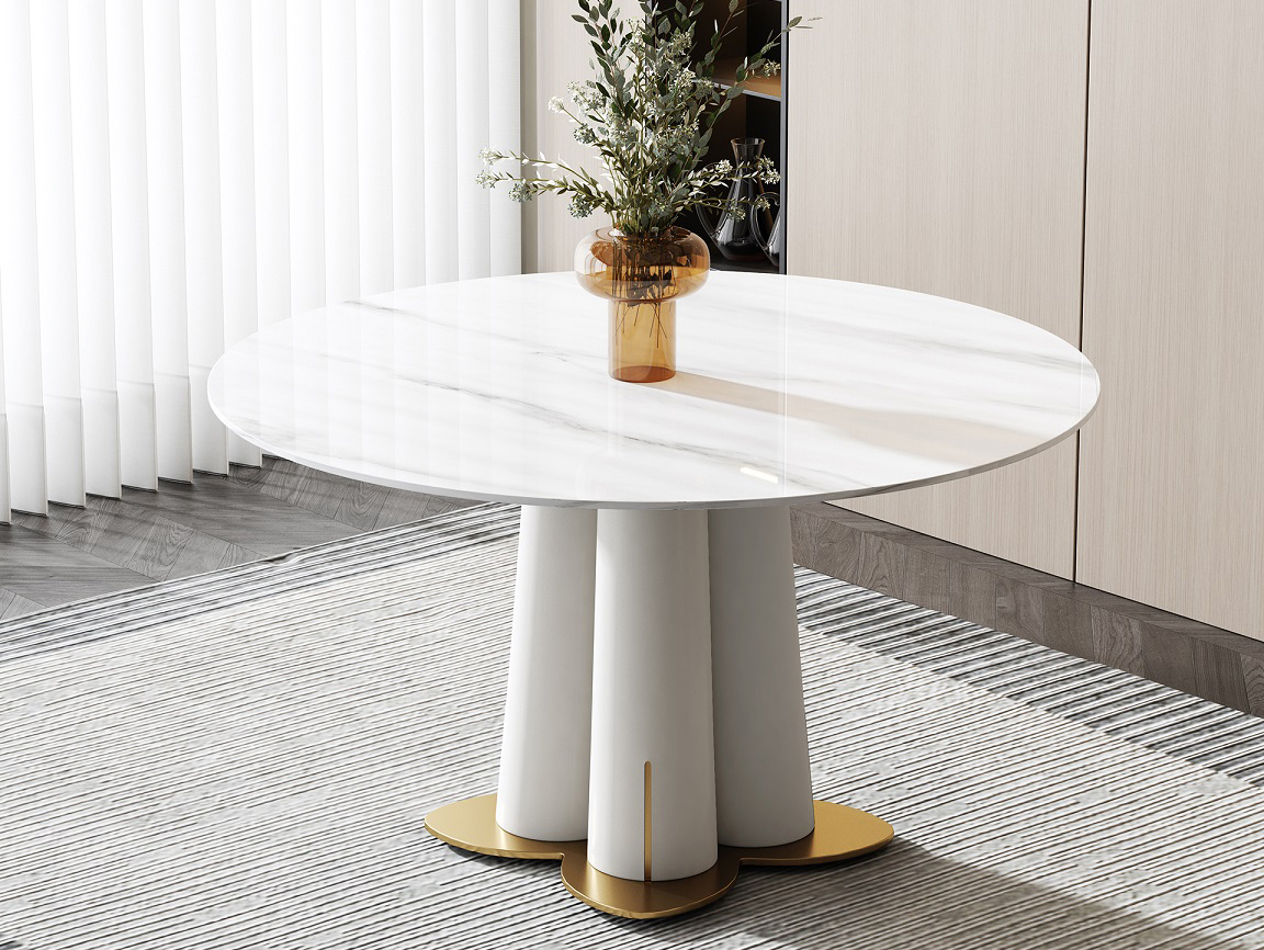 星爵系列ZD196 12mm亮光岩板+底板+拉丝钛金+白色喷涂五金 1.35米餐桌