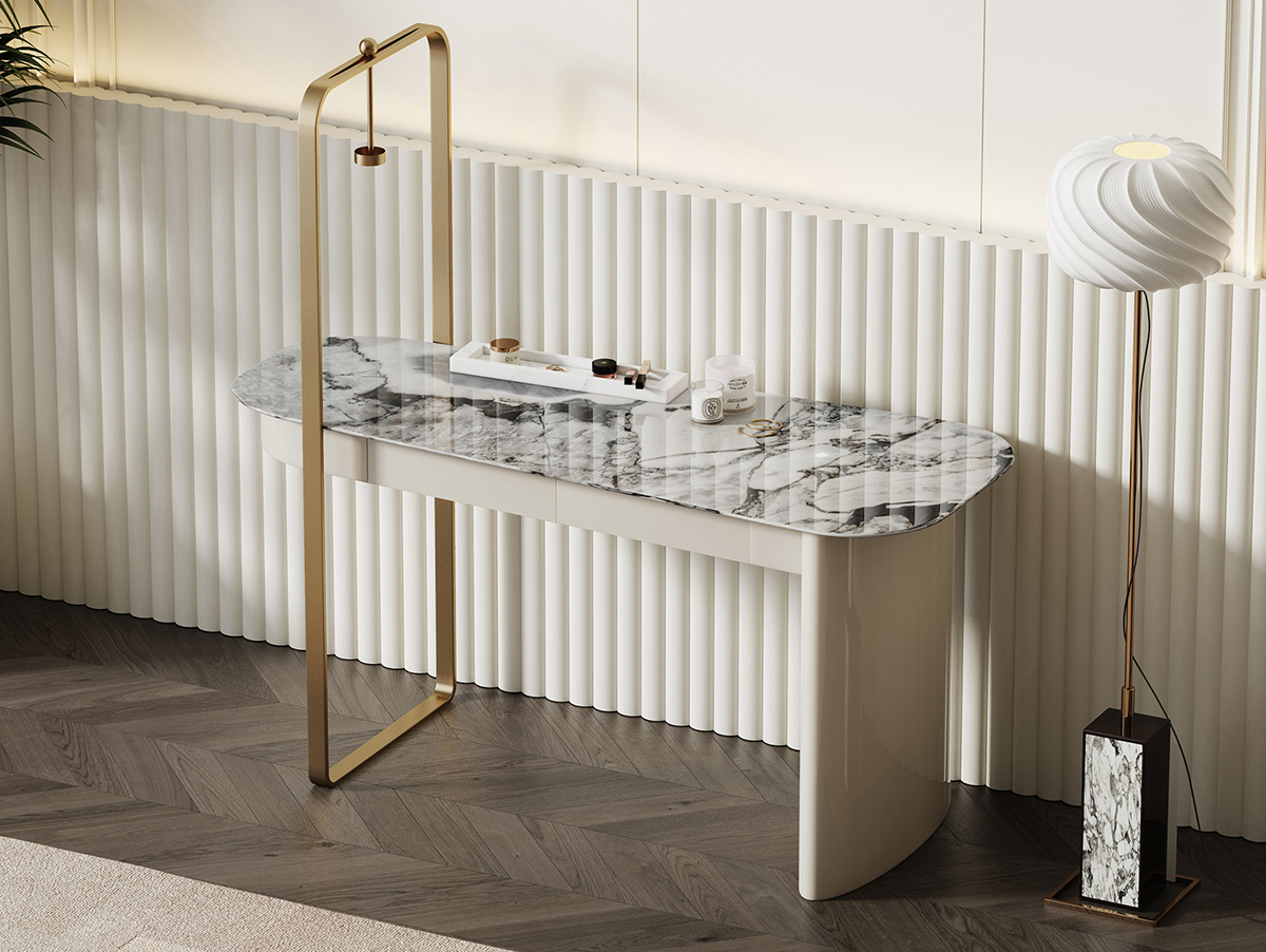 云慕系列ZS026 天然石大象白+不锈钢香港金 +E1级中纤板 1.5米书桌